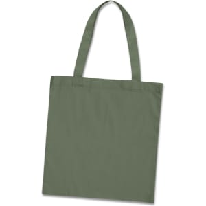 A green cotton tote bag with two handles and a simple design, featuring a logo.
