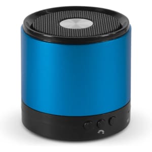 A blue Bluetooth speaker with a black base and a silver mesh top, featuring control buttons on the side.