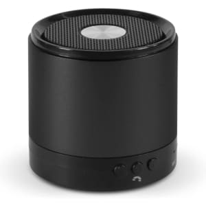 A compact black Bluetooth speaker featuring a mesh top and control buttons on the base, along with a logo.