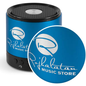 A blue Bluetooth speaker with a round top, featuring a logo and control buttons on the base.