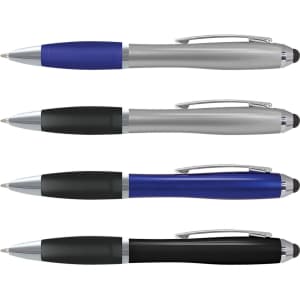 A set of four stylus pens in blue, silver, black, and matte black, featuring a branded logo on each pen.
