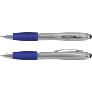A stylus pen with a silver body and blue accents, featuring a comfortable grip and a clip on the side.