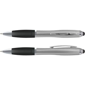 A silver stylus pen with a black grip, featuring a clip and an additional black pen beside it.