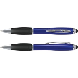 A sleek blue stylus pen featuring a black grip and a silver clip, with a logo on its body.