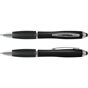 A black stylus pen with silver accents, featuring a logo, positioned at two angles.