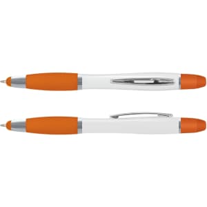 A multi-function pen with a white body and orange accents, featuring a silver clip and details.