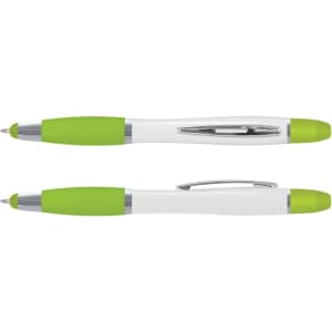 A multi-function pen in white and bright green, featuring a chrome clip and accents. The pen has a sleek design.