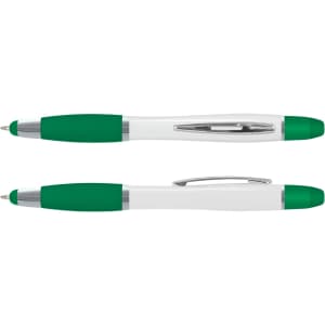 A multi-function pen featuring a white body with green grips and accents, along with a silver clip and branding.