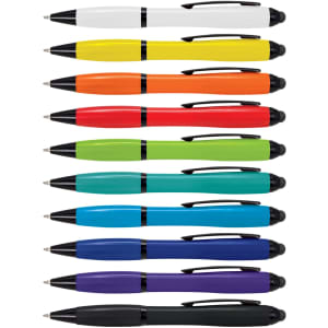 A collection of stylus pens in white, yellow, orange, red, green, blue, teal, purple, and black. Each has a clip and a logo.