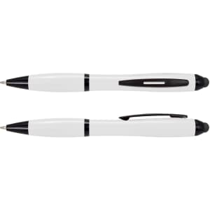 A stylus pen featuring a sleek white barrel with black accents and a smooth writing tip.