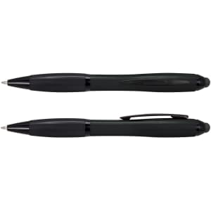 A black stylus pen with a sleek design, featuring a clip and a rubber tip for touchscreens.