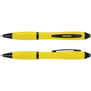 A yellow stylus pen with black accents, featuring a sleek design and a branding logo.