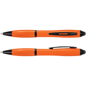 An orange Vistro stylus pen with black accents, featuring both a ballpoint tip and a stylus tip.