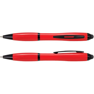 A red stylus pen with a black grip and clip, featuring a sleek design and shiny finish.