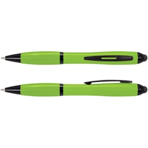 A green stylus pen with black accents, featuring a click mechanism and a comfortable grip.