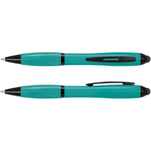 A teal stylus pen featuring a black tip and clip, positioned at different angles for visibility.