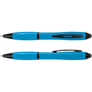 A blue stylus pen with black accents, featuring a sleek design and a clip on one side.
