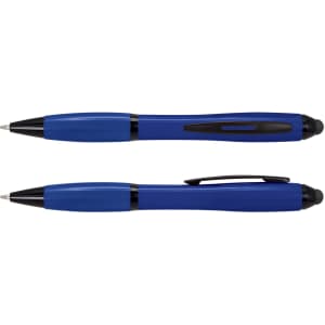 A blue stylus pen with a black tip and clip, featuring a sleek design and smooth finish.