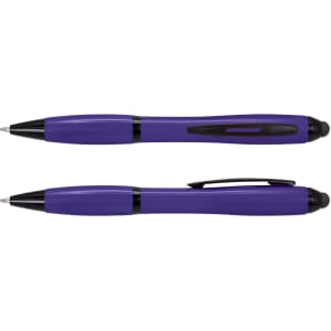 A purple stylus pen with a glossy finish, featuring a black clip and tip. The pen includes both ballpoint and stylus functionality.