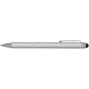 A silver stylus pen featuring a textured grip and a clip, with a black stylus tip on one end.