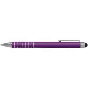 A purple touch stylus pen with a silver clip and grip sections, designed for writing and touchscreen use.