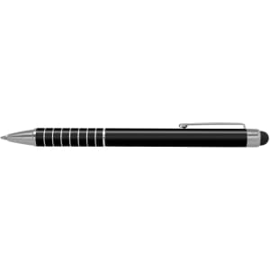 A black stylus pen with silver accents and a rubber tip for touchscreens. Features a clip and decorative lines.