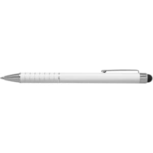 A white stylus pen with a silver tip and grip, featuring a clip and a logo on the barrel.