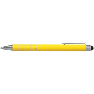 A yellow touch stylus pen with a silver clip and details, featuring a rubber tip for touchscreen use.