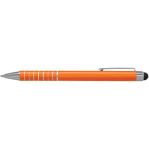 An orange stylus pen with silver accents and a clip, featuring a soft touch tip for touchscreen devices.
