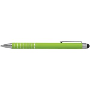 A green Touch Stylus Pen with a silver clip and accents, featuring a soft tip for touchscreen use.