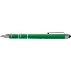 A green touch stylus pen with a silver clip and accent lines, featuring a soft tip for touchscreens.