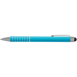 A turquoise touch stylus pen with silver accents and a clip. The pen features a textured grip near the tip.