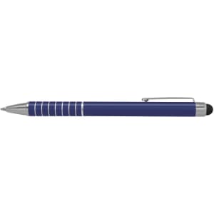 A blue stylus pen with silver accents and a black tip, featuring a clip and decorative rings.