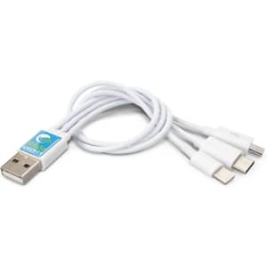 A white triple connector charging cable with a USB end and three different connectors. It features a branded section.