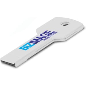 A white flash drive shaped like a key, featuring a branding logo.