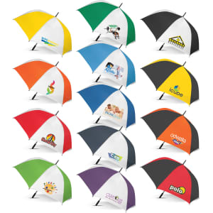A collection of various coloured umbrellas featuring different logos and designs, arranged in a grid format.