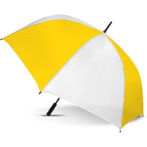 A sports umbrella featuring a yellow and white design, with a black handle and a branding logo.