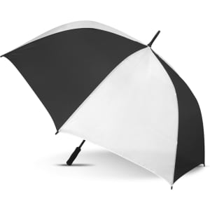 A sports umbrella featuring a black and white design, with a curved handle and a sturdy frame. It has a logo.