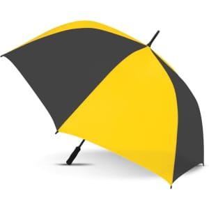 A sports umbrella featuring a black and yellow design with a handle for easy grip. It has a logo on the canopy.
