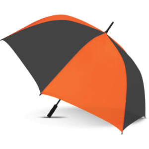 A sports umbrella with a grey and orange canopy, featuring a curved handle and a stylish design.