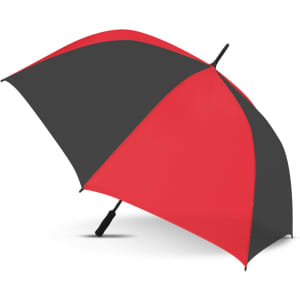 A sports umbrella featuring a bold red and black design, complete with a handle and branding logo.