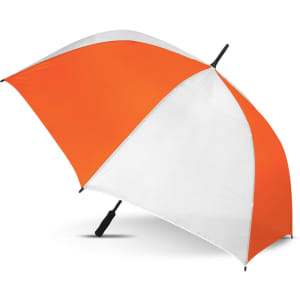 A sports umbrella featuring a vibrant orange and white design, with a sturdy black handle and a branding logo.