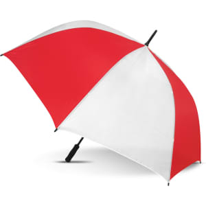 A large umbrella featuring red and white panels, with a black handle and a logo on the shaft.