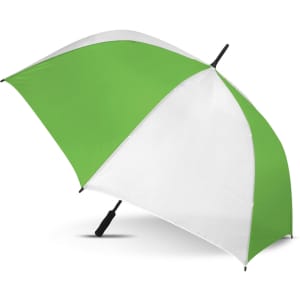 A green and white sports umbrella with a sturdy handle, featuring a logo on the canopy.