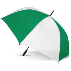 A green and white sports umbrella with a black handle, featuring a logo on the canopy.