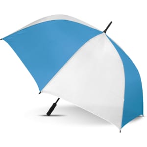 A sports umbrella featuring a blue and white design with a black handle and a logo on the shaft.