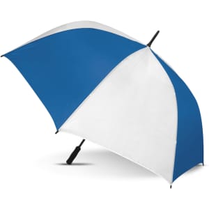 A blue and white sports umbrella with a curved handle and a logo on the shaft.