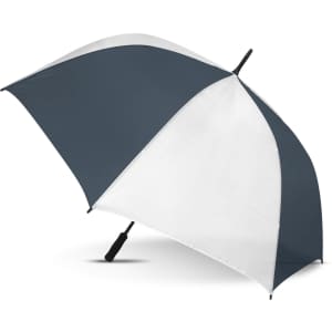 A sports umbrella featuring a dark blue and white design, with a sturdy handle and a branding logo.