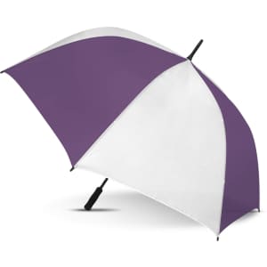 A sports umbrella in purple and white with a black handle and a logo on the canopy.