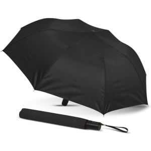 A black compact umbrella displayed open and closed, featuring a handle with a wrist strap and a logo.